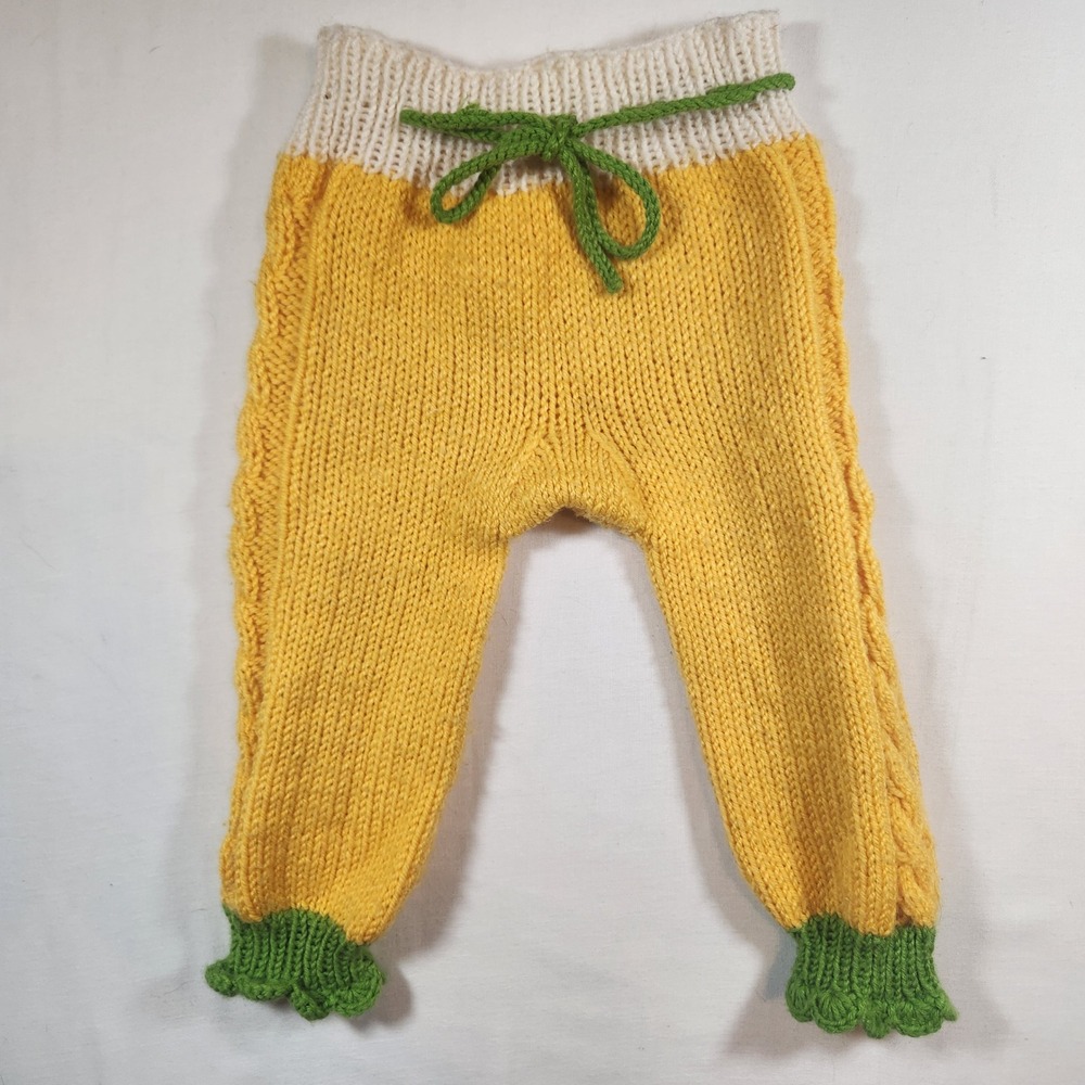 Handmade Kids Knit‎ Pants Yellow Green White Cable Knit Leggings Drawstring